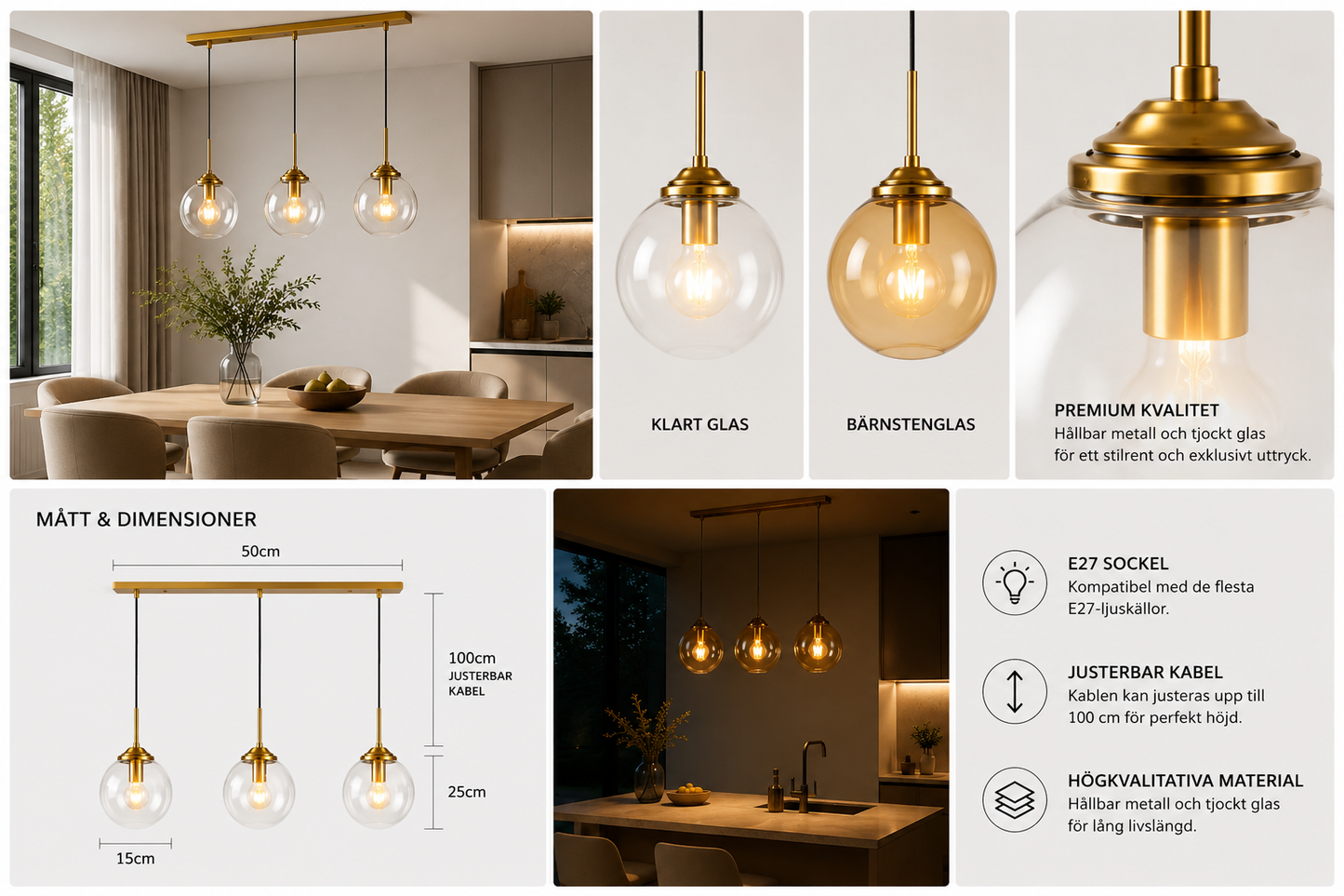 Modern Pendellampa i Glas – 3 Lampor