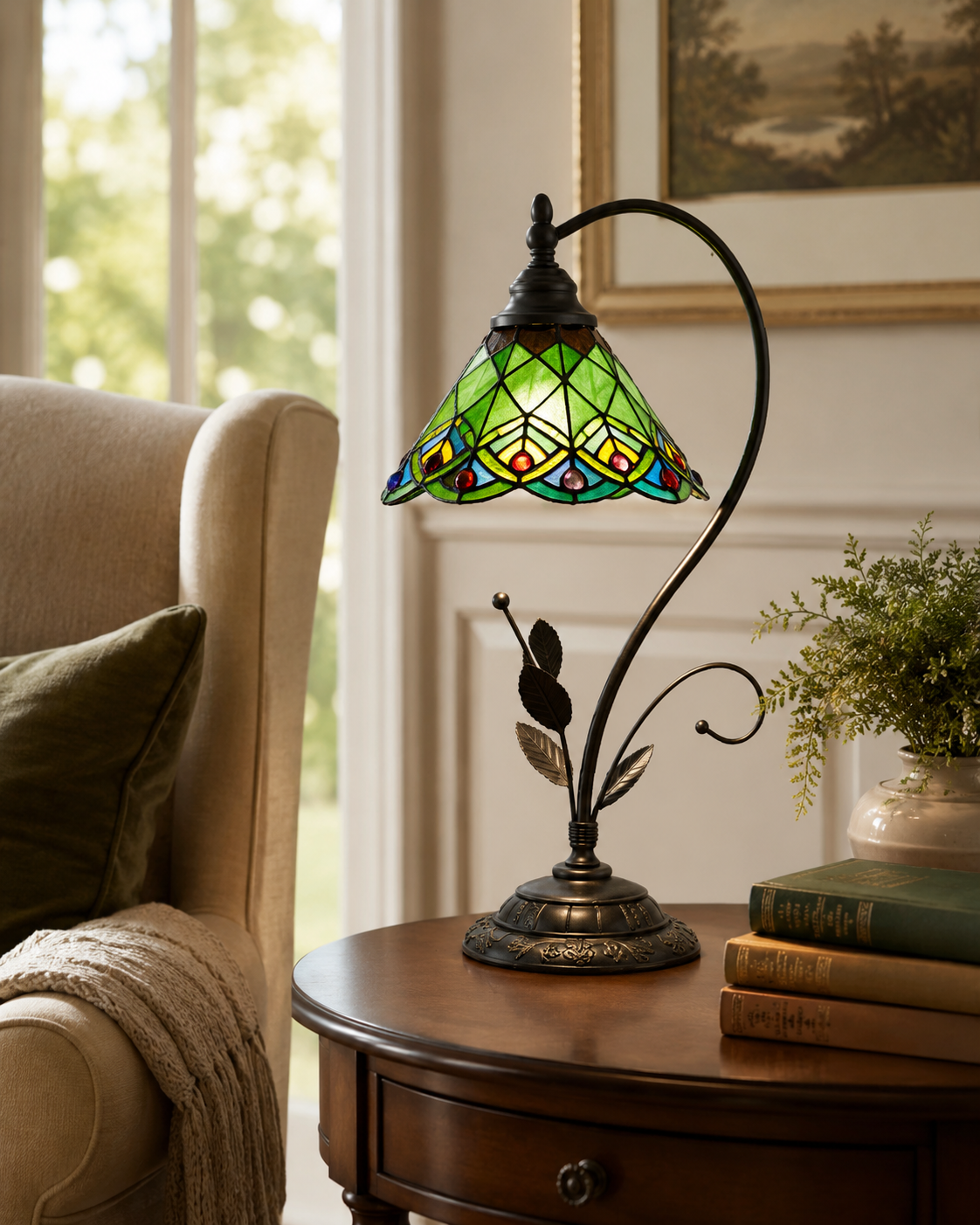 Tiffany bordslampa med grön glaskupa