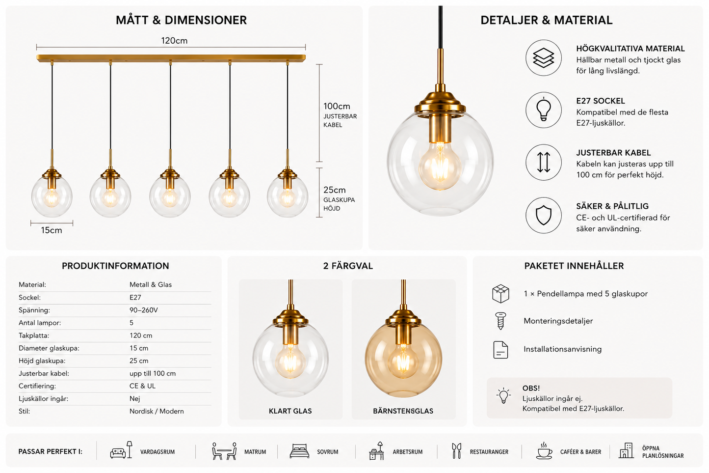 Modern Pendellampa i Glas – 5 Lampor