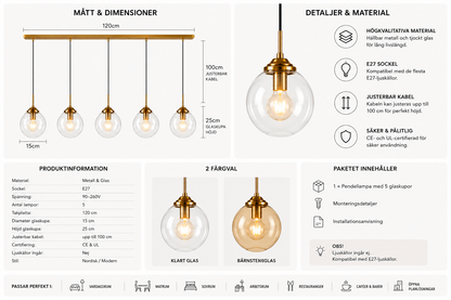 Modern Pendellampa i Glas – 5 Lampor
